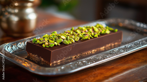 An indulgent chocolate bar with a topping of vibrant green kadayif and golden-roasted pistachios, displayed on an ornate silver tray. photo