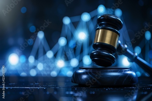 A conceptual image featuring a gavel, laptop, and symbolic icons on a table, representing the integration of AI in legal technologies.