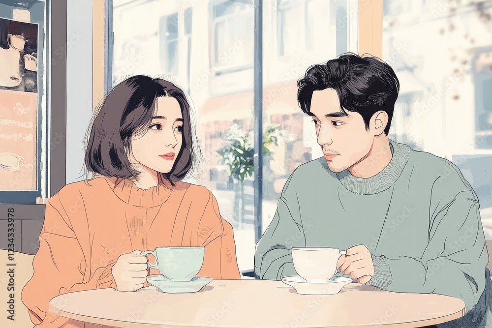 A young couple enjoys a quiet moment together in a cozy cafe, sharing warm drinks and conversation. A young couple enjoys a quiet moment together in a cozy cafe, sharing warm drinks and conversation.