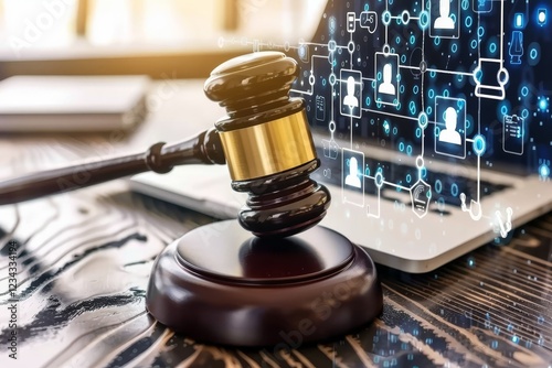 A conceptual image featuring a gavel, laptop, and symbolic icons on a table, representing the integration of AI in legal technologies.