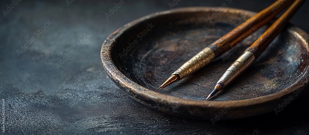 Antique Wooden Ink Brushes on a Rustic Dish Antique Wooden Ink Brushes on a Rustic Dish