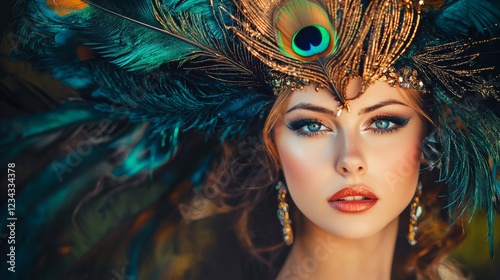 Portrait of a woman with peacock feather headdress