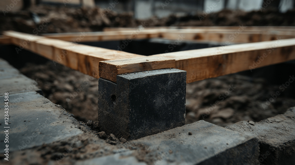 An unfinished foundation with fresh wooden beams and crumbling concrete, symbolizing the start of repair and reinforcement work. An unfinished foundation with fresh wooden beams and crumbling concrete, symbolizing the start of repair and reinforcement work.