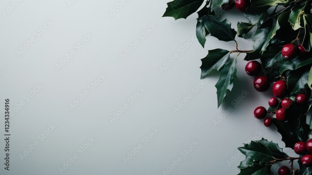 Fototapeta premium Fresh Green Holly Leaves with Red Berries on Light Background