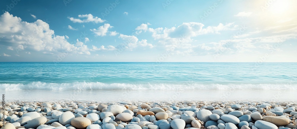 Sunny beach, pebble shore, turquoise sea, cloudy sky, travel brochure Sunny beach, pebble shore, turquoise sea, cloudy sky, travel brochure