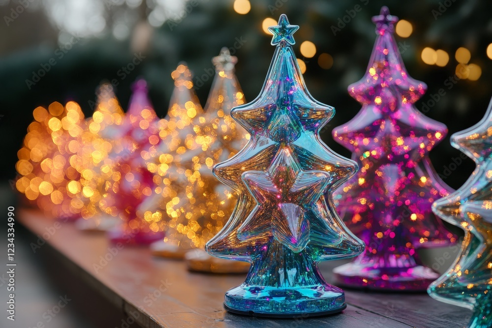 Obraz premium Colorful glass Christmas trees illuminated by warm holiday lights at a festive outdoor market during late afternoon