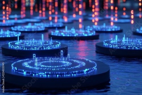Futuristic Circular Data Displays Floating on Water