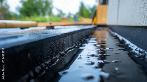 A close-up of a waterproofing membrane edge where it meets the foundation base, showing careful sealing to ensure moisture resistance. photo