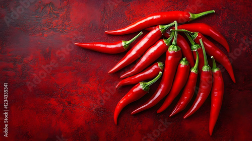 A collection of red chili peppers lies on a vibrant red background, capturing the spicy and vibrant essence of the peppers with a textured surface adding visual interest.