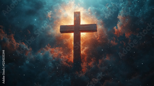 Religious, catholic, Christian image. Wooden cross and celestial light on universe background. Copy space