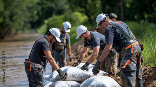 An emergency response team working together to stack sandbags along a riverbank, illustrating collaborative flood mitigation efforts. photo