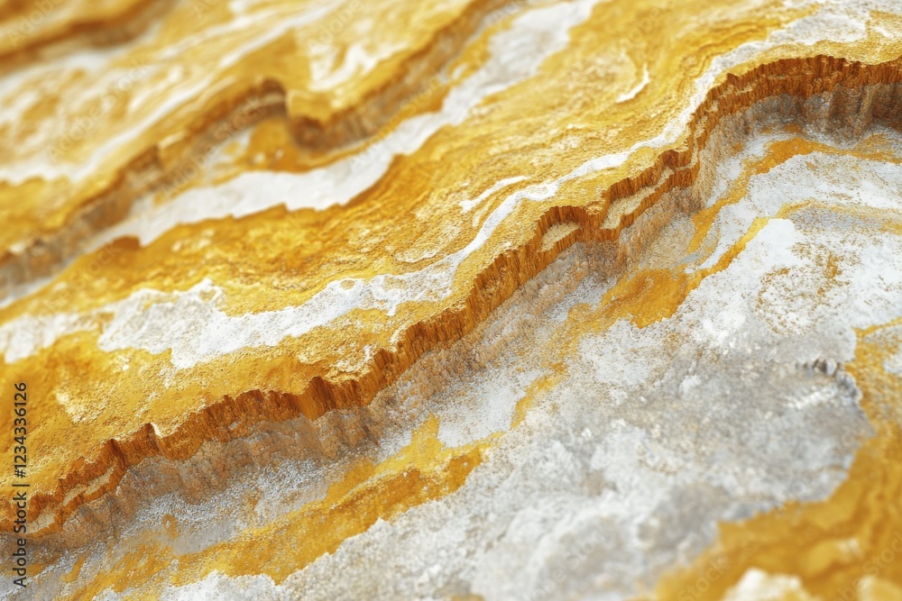Abstract texture of golden and white mineral layers in a close-up view showcasing natural patterns and geological formations