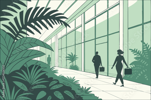 modern office interior, lush green plants, glass walls, business professionals walking, backlit silhouettes, corporate environment, natural light, ferns and tropical foliage, sleek architecture, ec