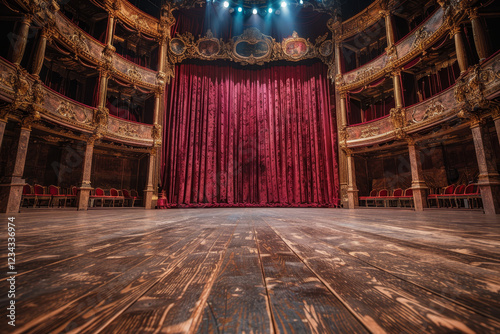 A beautifully lit theater stage with luxurious red curtains drawn slightly apart, showcasing polished wooden flooring. Ideal for concepts of performance, theater, or drama. photo