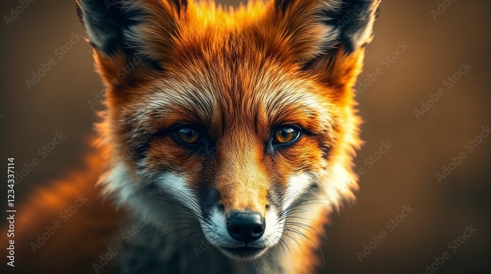 Fototapeta premium Close-up fox portrait in golden light, realistic wildlife photo. Educational materials, forestry, biology, nature conservation, infographics, wildlife, zoo, tourism, logo, children's book,