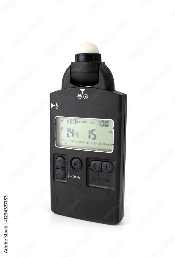 Flash meter - device for measuring illumination isolated on white background. Photo concept. Flash meter - device for measuring illumination isolated on white background. Photo concept.