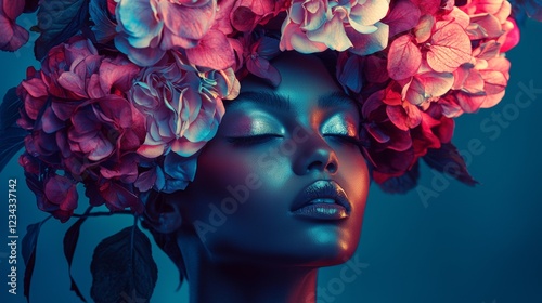 Portrait of a woman with vibrant floral headpiece