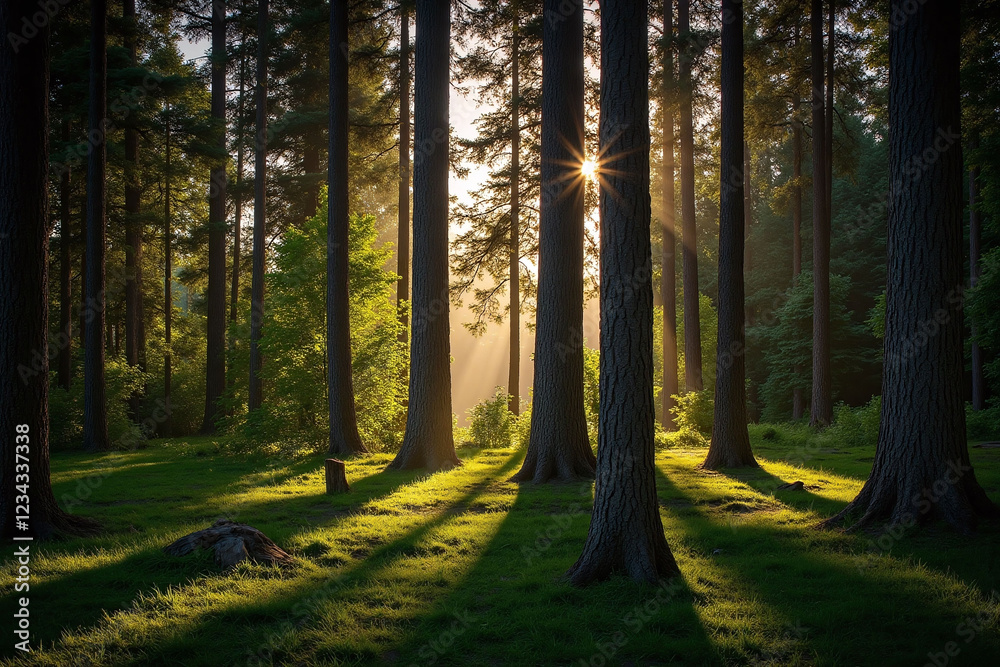 Fototapeta premium serene forest sunlight filtering through trees grass floor