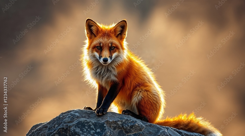 Fototapeta premium Fox sitting on rock in golden light, realistic wildlife photo. Educational materials, forestry, biology, nature conservation, infographics, wildlife, zoo, tourism, logo, children's book,