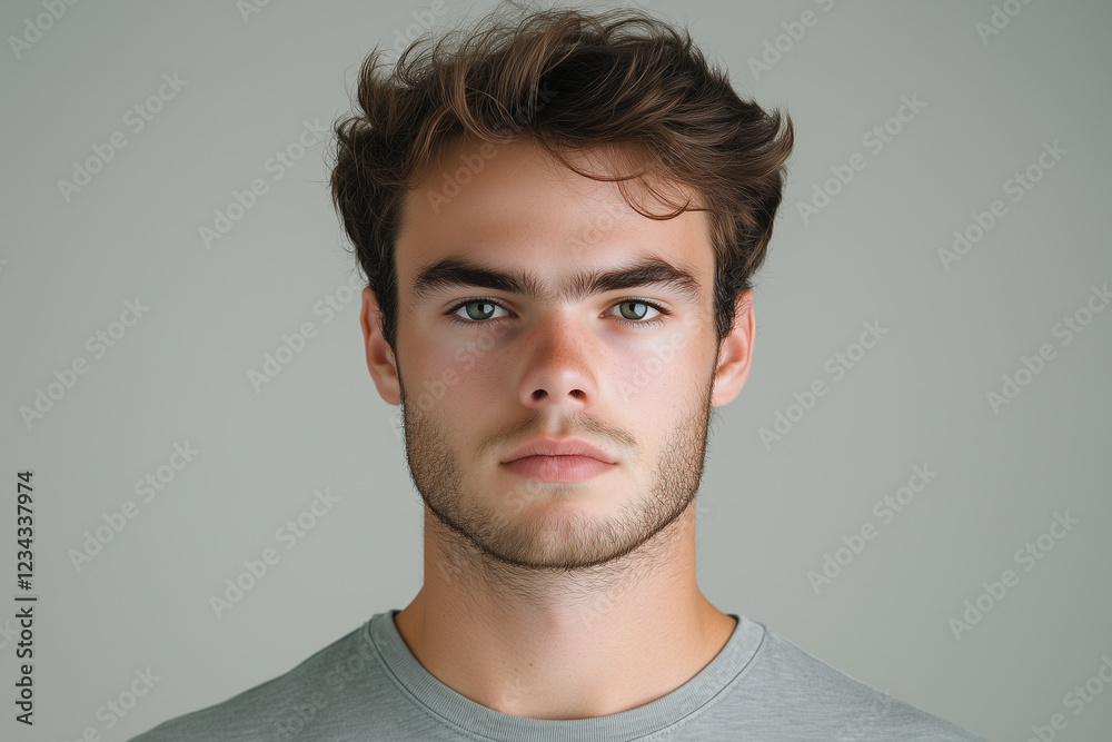 Fototapeta premium Young man with serious expression wearing grey t-shirt looking directly at the camera indoors