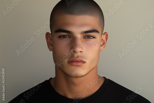 Serious young man with buzz cut wearing black t-shirt poses against neutral background