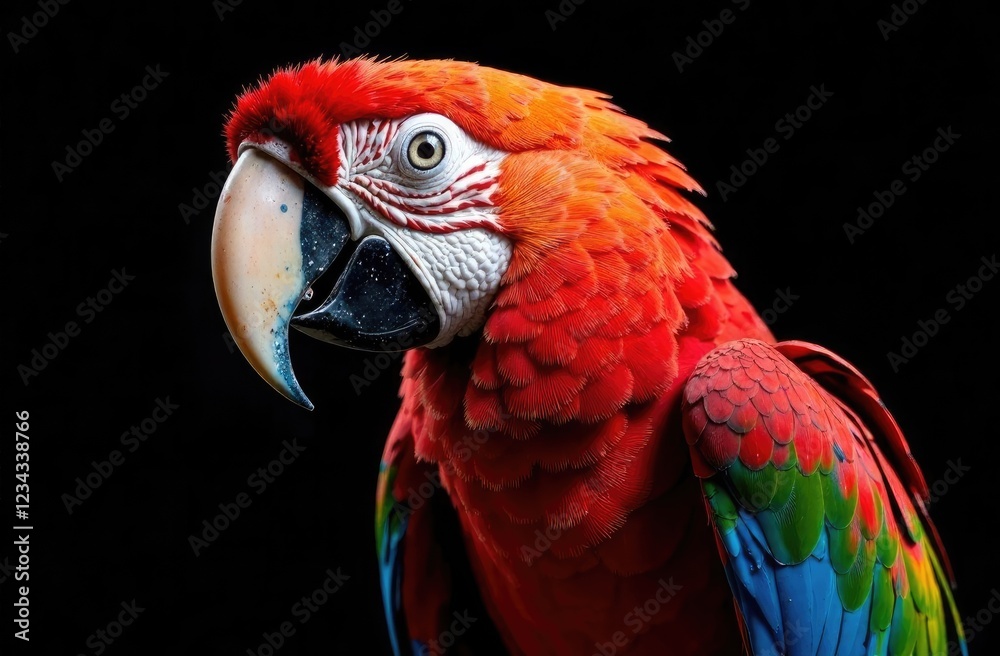 Obraz premium Close-up. Bright macaw parrot on a black background. Postcard with a bird.