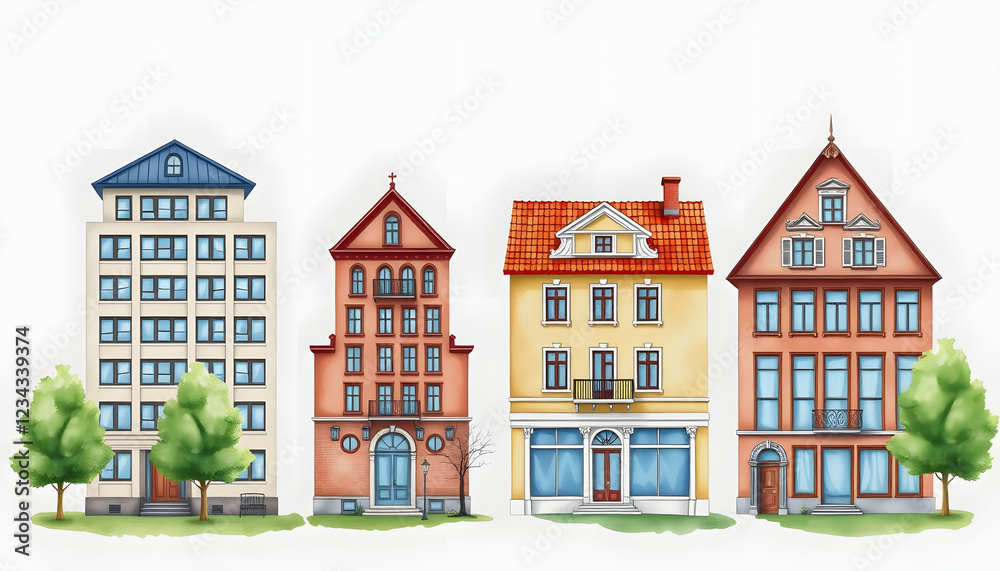 Fototapeta premium Set of Four Buildings Types Illustration with Trees , with white tonespng