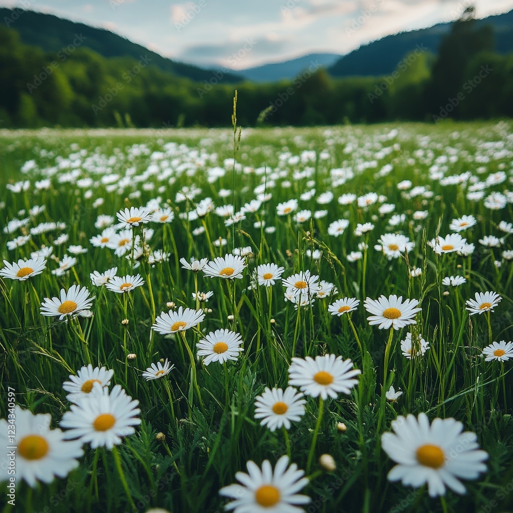 Obraz premium A beautiful field of blooming daisies on lush green grass, evoking tranquility and natural beauty.