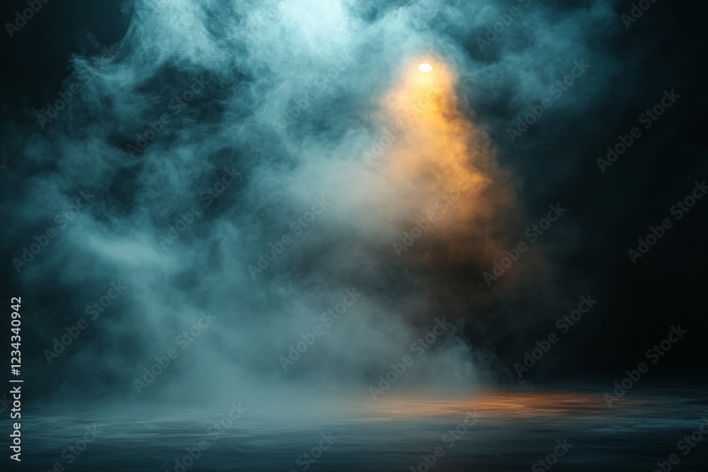 Mysterious light amidst swirling fog in an empty space during nighttime Mysterious light amidst swirling fog in an empty space during nighttime