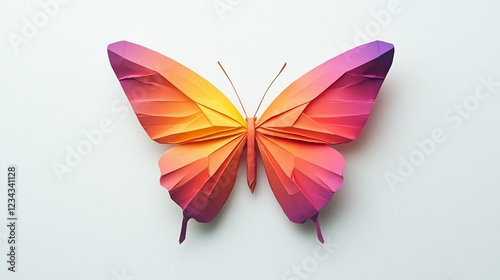 Colorful paper butterfly art, studio shot, white background, design element