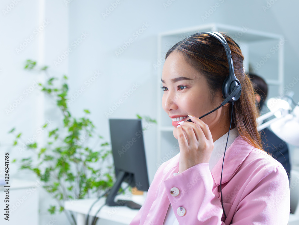 Confident Asian woman working on computer for online customer support, telemarketing assistance, giving advice online using headset at call center office. Asian businesswoman customer service at work. Confident Asian woman working on computer for online customer support, telemarketing assistance, giving advice online using headset at call center office. Asian businesswoman customer service at work.