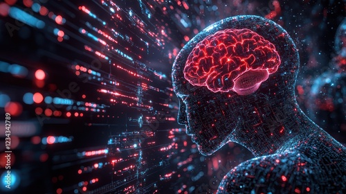 A futuristic visualization of AI seamlessly interacting with the human brain through neural implants, exchanging data in real time.
