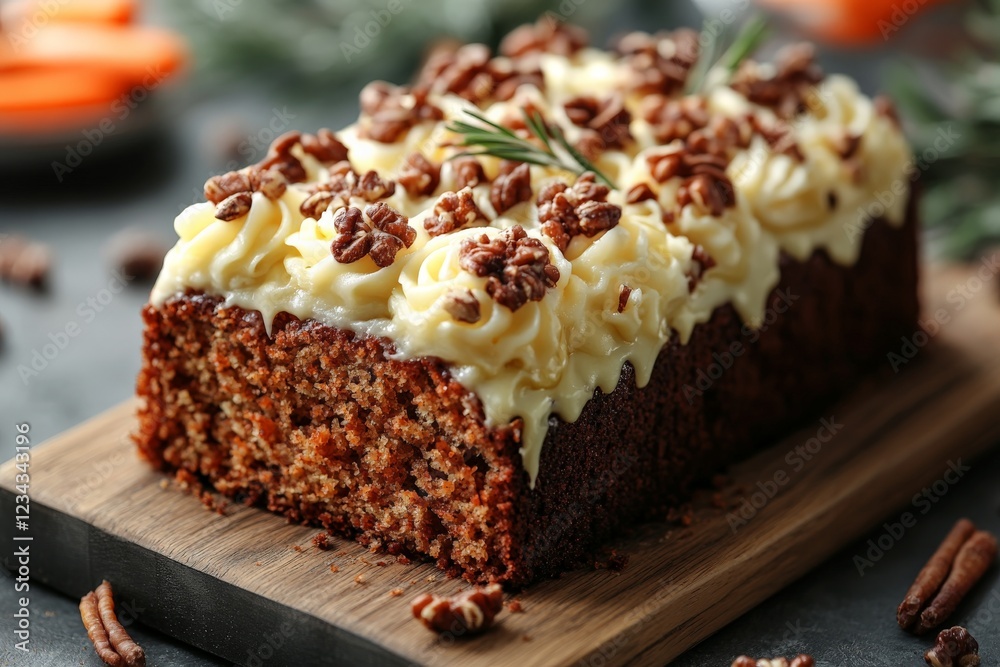 Moist carrot cake topped with cream cheese frosting and pecans on wooden board Moist carrot cake topped with cream cheese frosting and pecans on wooden board