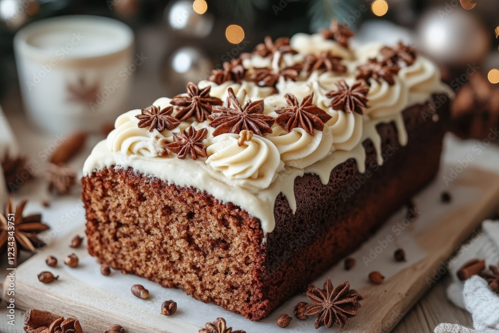Deliciously decorated holiday cake with spices and cream frosting on a wooden board Deliciously decorated holiday cake with spices and cream frosting on a wooden board