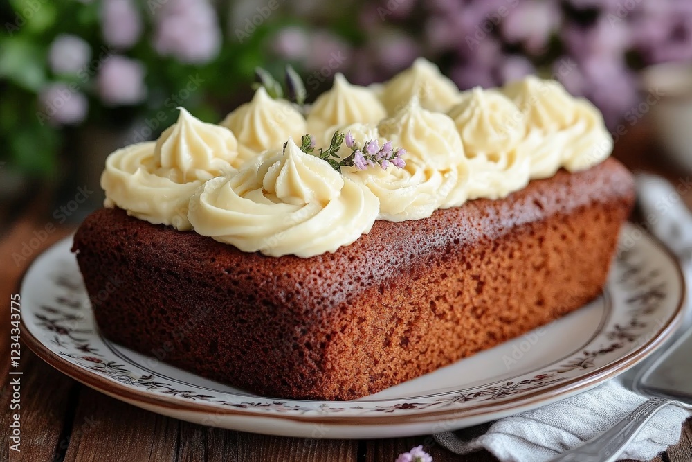 Freshly baked chocolate cake topped with creamy frosting and floral decoration arranged on a decorative plate Freshly baked chocolate cake topped with creamy frosting and floral decoration arranged on a decorative plate