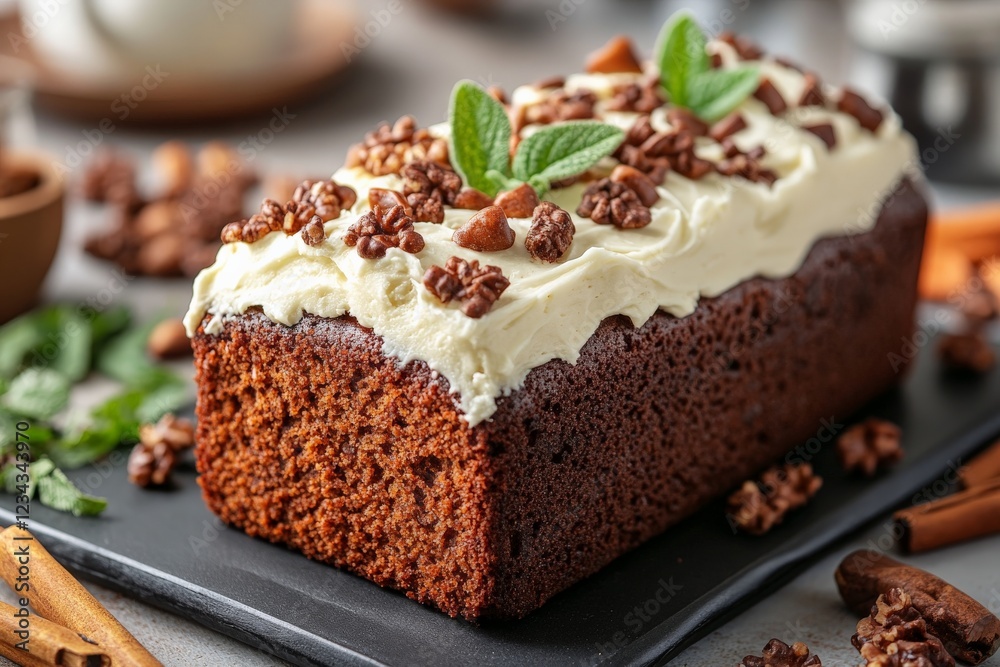 Delicious chocolate cake topped with creamy frosting and decorative nuts presented on a black platter Delicious chocolate cake topped with creamy frosting and decorative nuts presented on a black platter