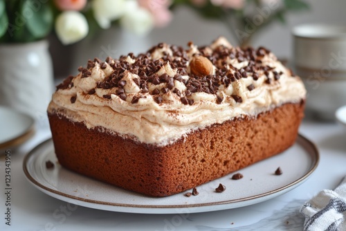 Wallpaper Mural Deliciously decorated cake topped with cream and chocolate chips sits on a plate against a blurred background of flowers and tableware Torontodigital.ca