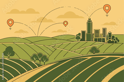 Aerial cityscape, green rural fields, glowing network connections, GPS location pins, futuristic mapping, smart agriculture, digital transformation, golden hour lighting, urban-rural interface, tec