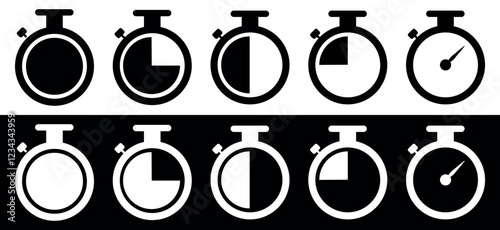 Stopwatch Progress Icons. Vector illustration isolated on Black and White background.