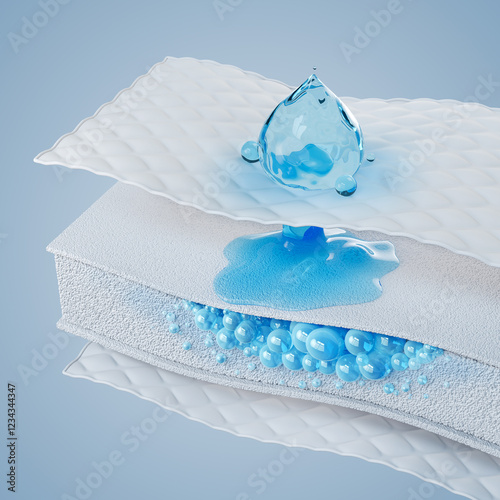 Drops of water flow through a layer of white fabric fiber, Absorbent layers with Liquid droplet, with clipping path 3d rendering