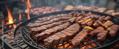 Sizzling charcoal grill with ribs, chorizo, and chinchulines sizzling in the background, grill, charcoal, hot photo