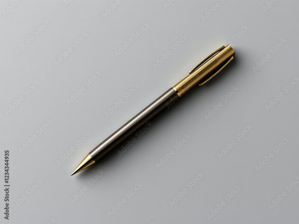 Simple and elegant pen on a gray background with a few scattered papers, minimalist, simple, desk accessories Simple and elegant pen on a gray background with a few scattered papers, minimalist, simple, desk accessories