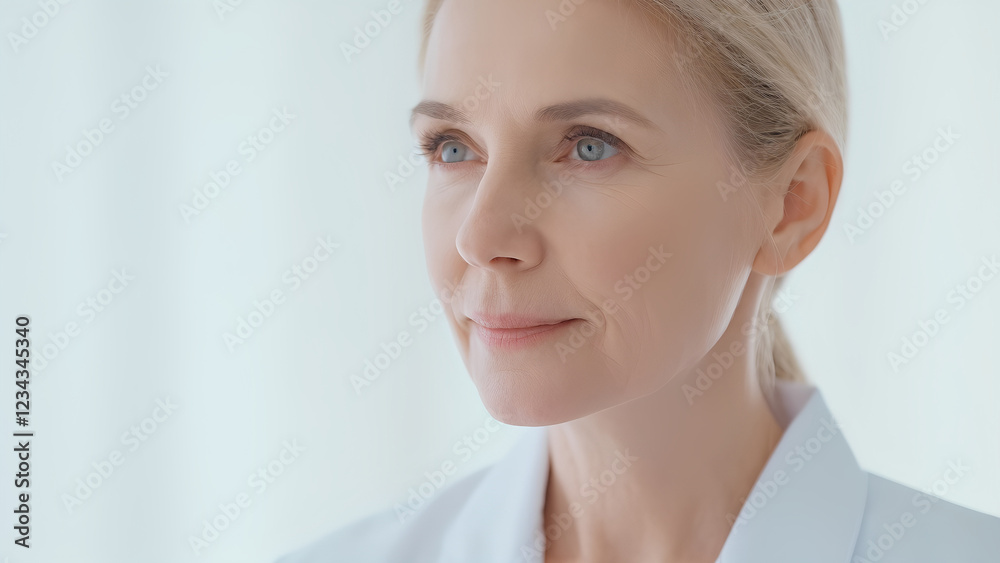 Middle-aged attractive woman looks into distance, cropped close up upper face view. Middle-aged attractive woman looks into distance, cropped close up upper face view.