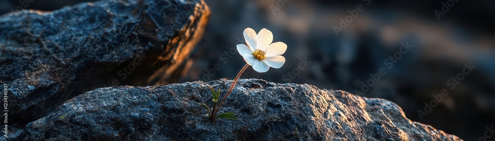 Blooming flower on rocky surface nature scene close-up view soft light natural beauty Blooming flower on rocky surface nature scene close-up view soft light natural beauty