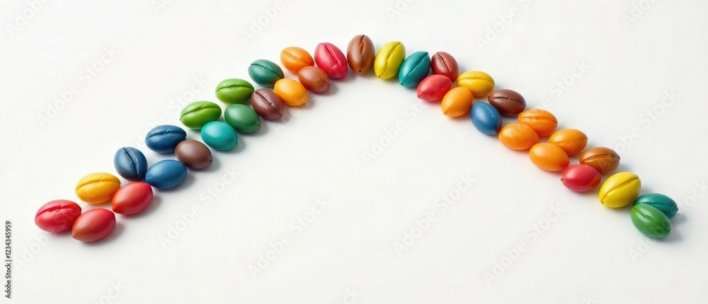 Obraz premium Row of colorful coffee bean-shaped candies arranged in a zigzag pattern on white surface, row, sweets arrangement, dessert table