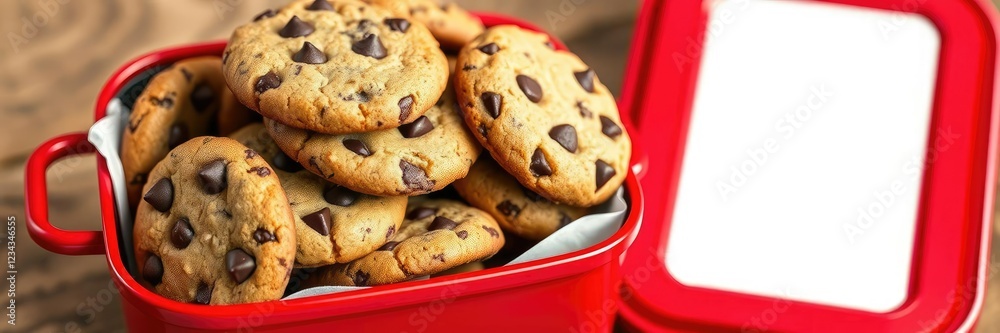 Red biscuit tin filled with stacked choc chip cookies, packaging, organization Red biscuit tin filled with stacked choc chip cookies, packaging, organization