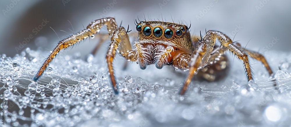 Magnificent Jumping Spider on Dew-Kissed Web Magnificent Jumping Spider on Dew-Kissed Web