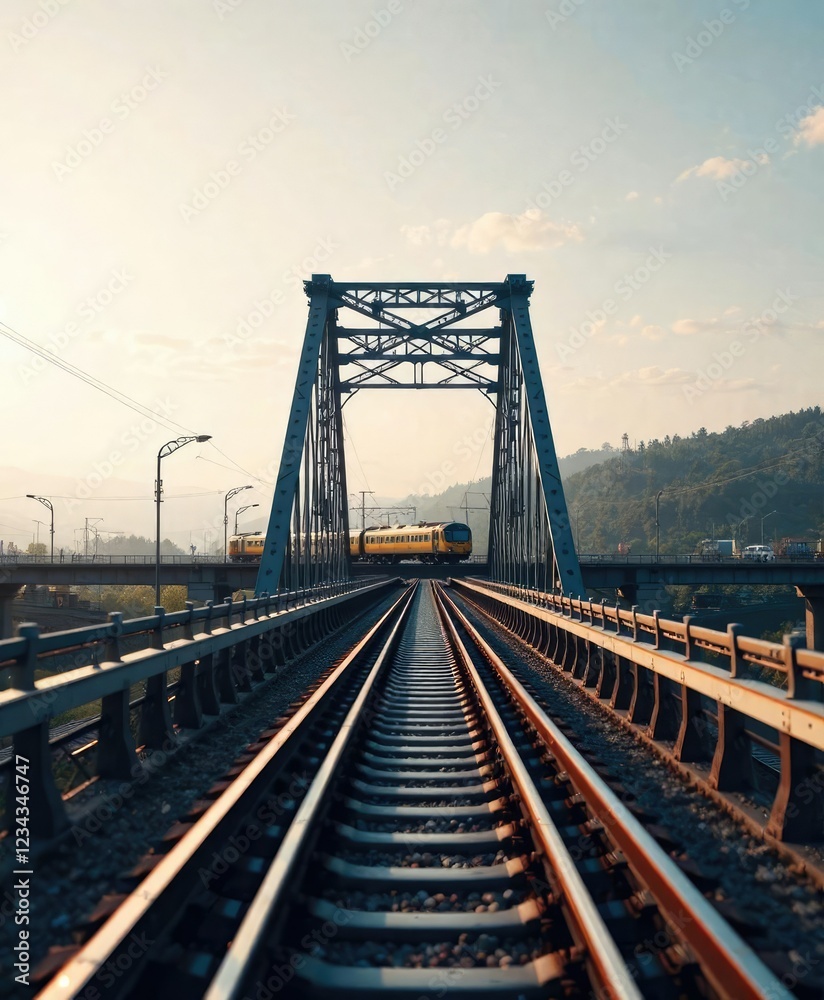 Fototapeta premium Railway bridge with a train crossing over and into the distance, long railway track, railway bridge, flying rails