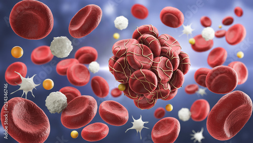 3D illustration of a blood clot, red blood with white blood cells isolate on blue background.