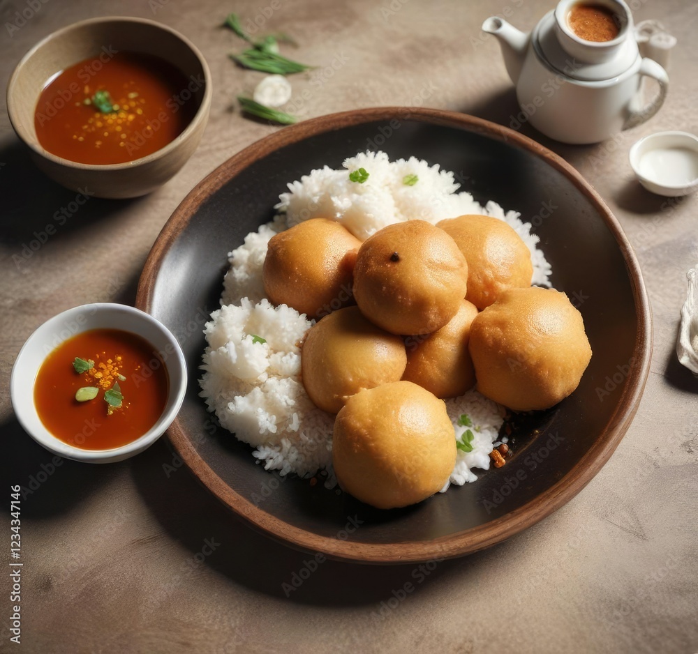 Plate of warm pempek served on a plate with a dollop of cuko sauce and steamed rice, fish, steamed rice, warm food